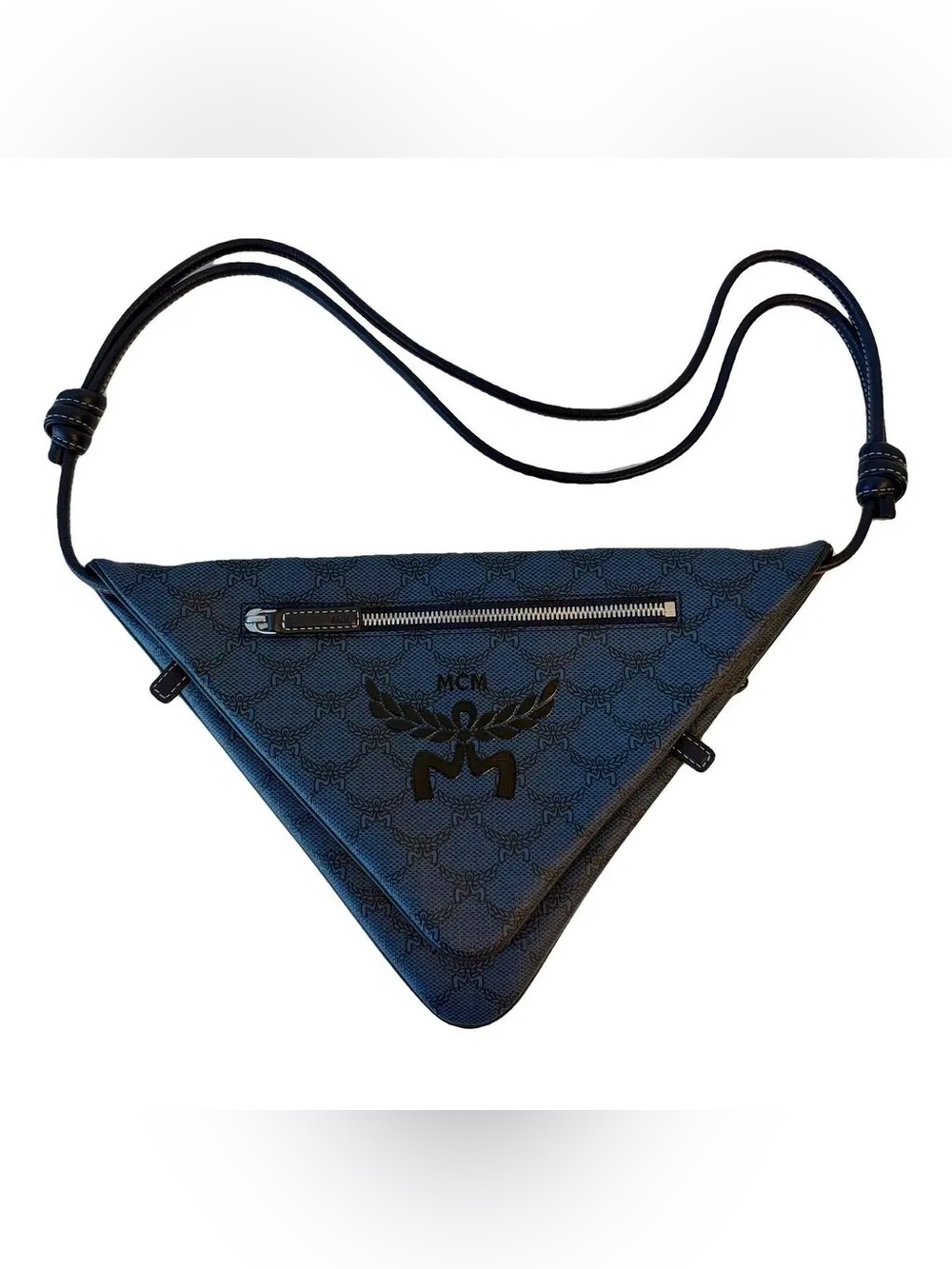 MCM Blue Monogram Triangle Crossbody Bag Zip Closure Adjustable Strap